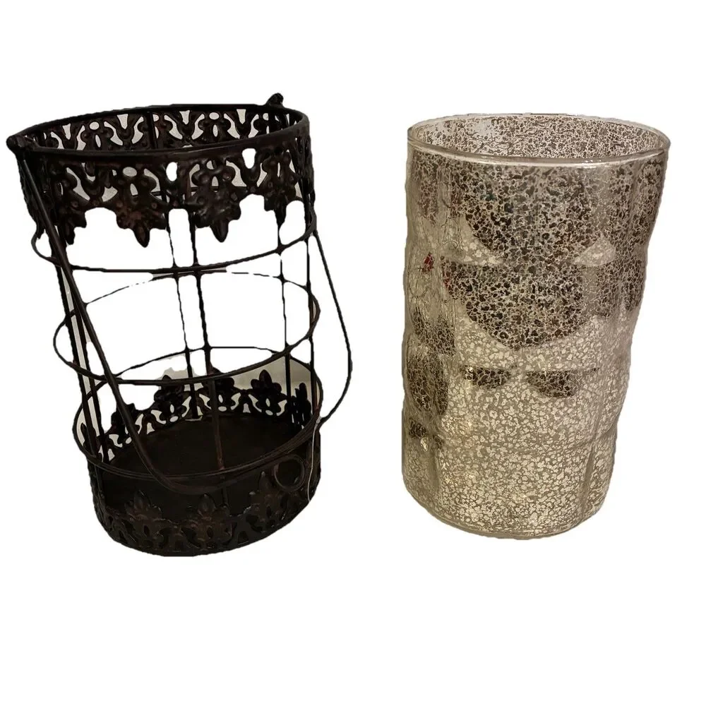 Decorative Metal And Speckled Glass Candle Holders. 2 Pieces. 8” W/out Handle